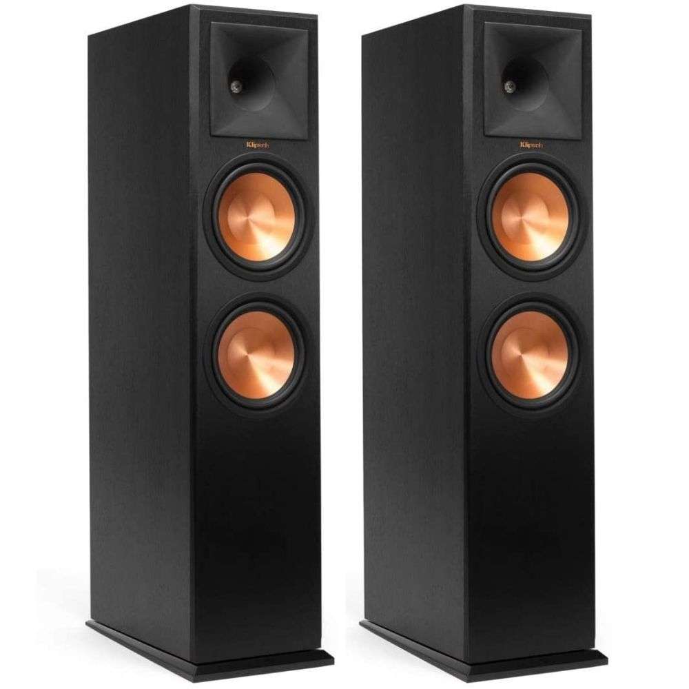 A set of black Klipsch RP-280F floorstanding speakers